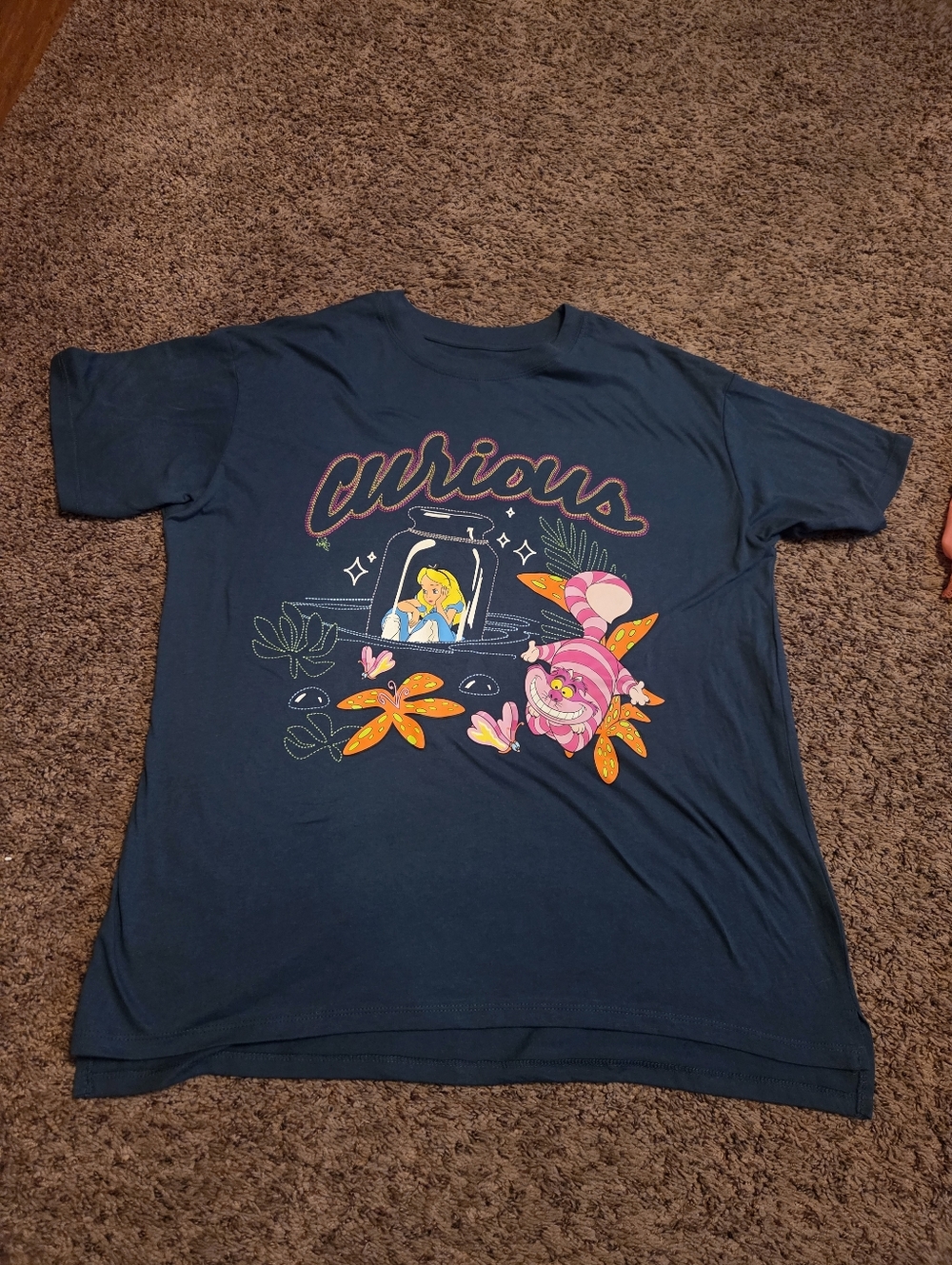 Disney Navy Short Sleeve Tee with Pink and Orange Cheshire Cat Graphic